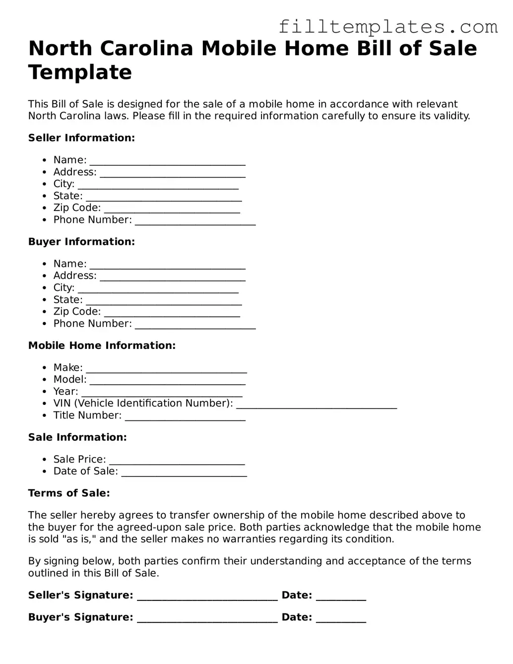Official Mobile Home Bill of Sale Template for the State of North Carolina
