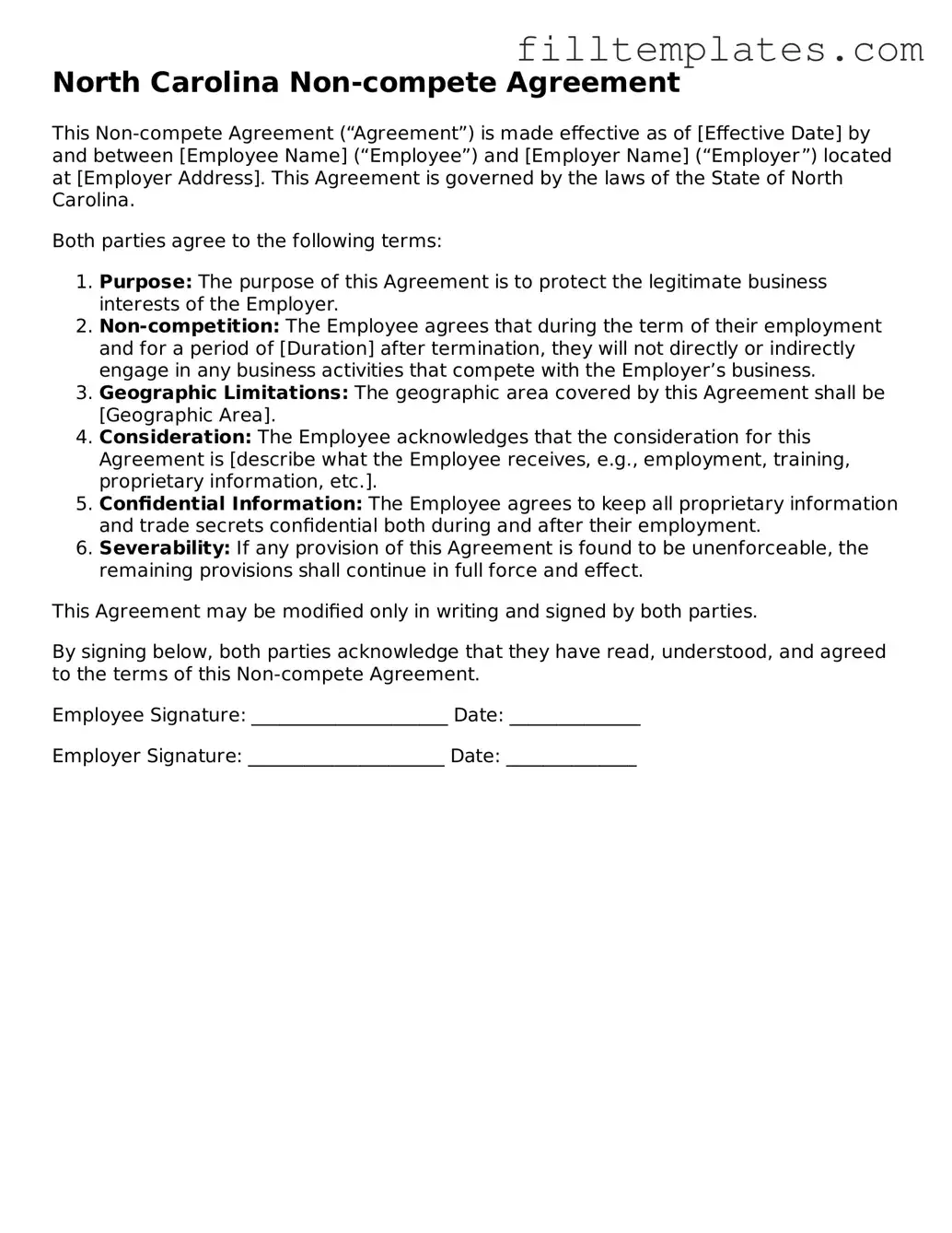 Official Non-compete Agreement Template for the State of North Carolina