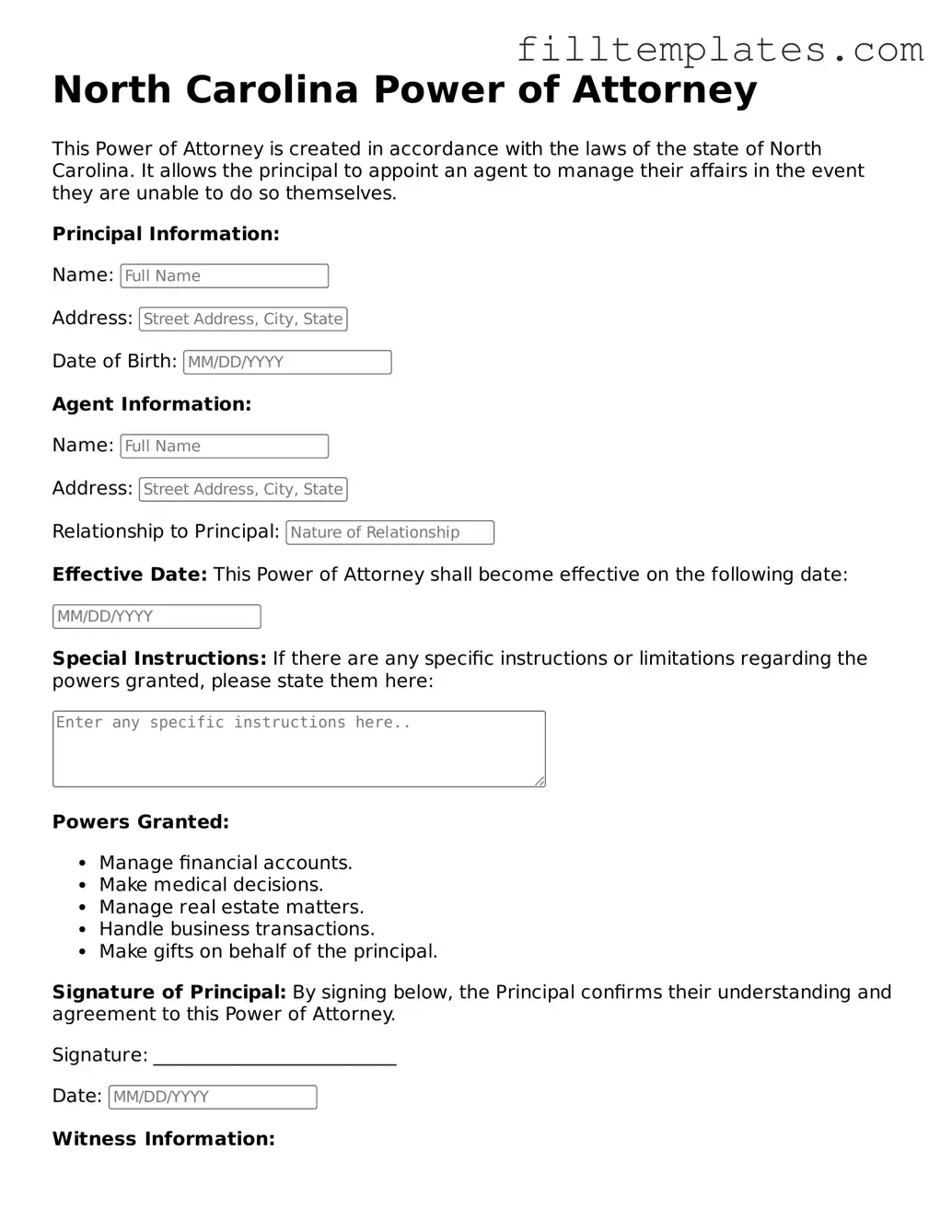 Official Power of Attorney Template for the State of North Carolina