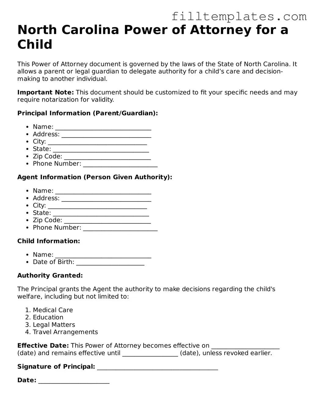 Official Power of Attorney for a Child Template for the State of North Carolina