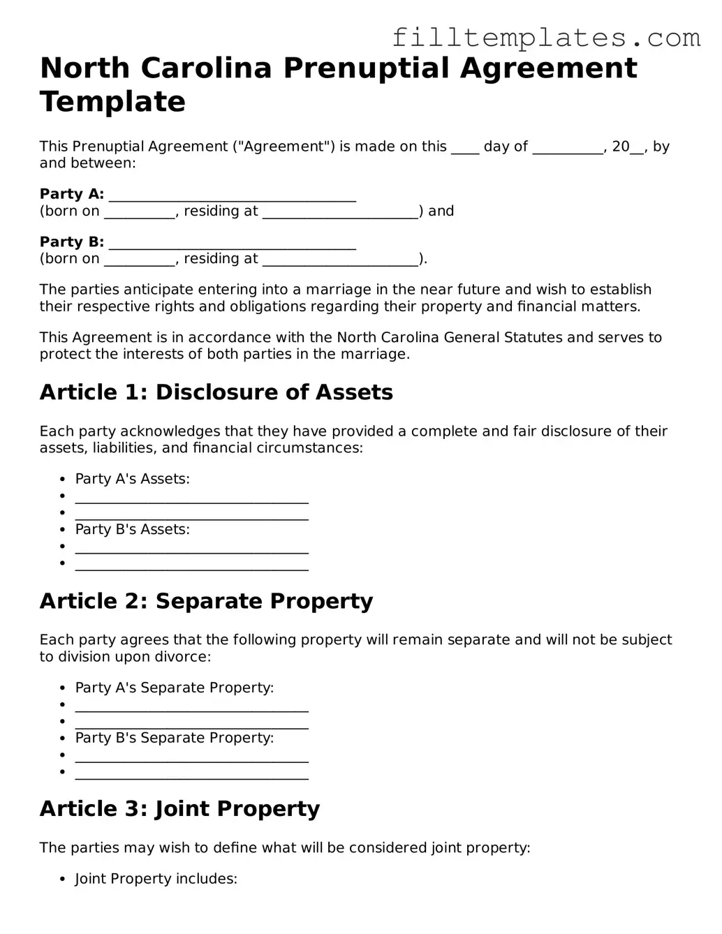Official Prenuptial Agreement Template for the State of North Carolina
