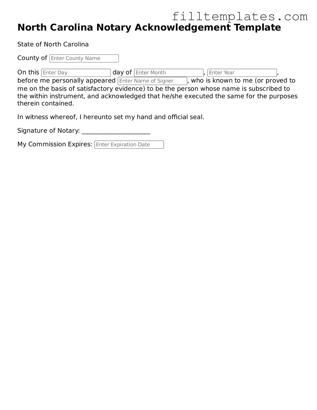 Official Notary Acknowledgement Template for the State of North Carolina