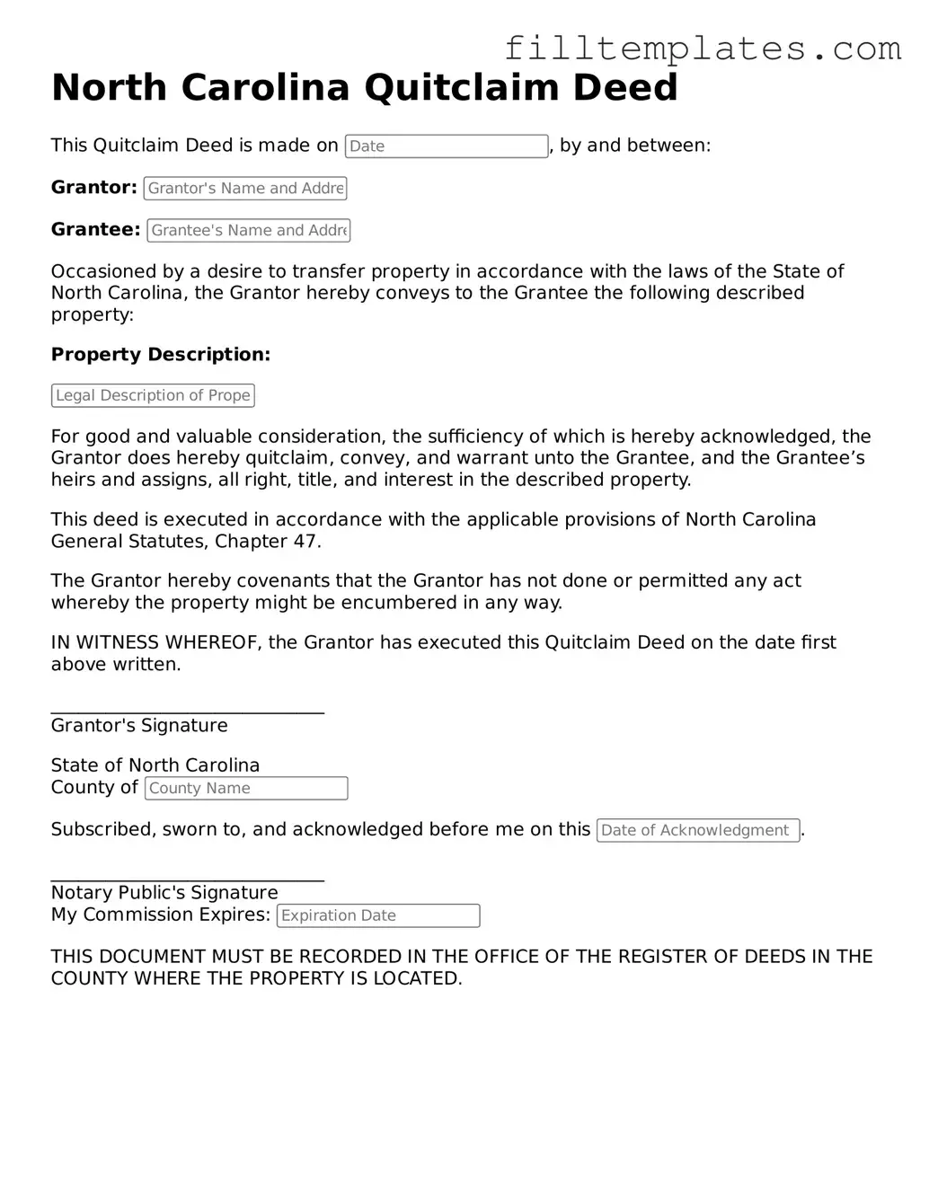 Official Quitclaim Deed Template for the State of North Carolina