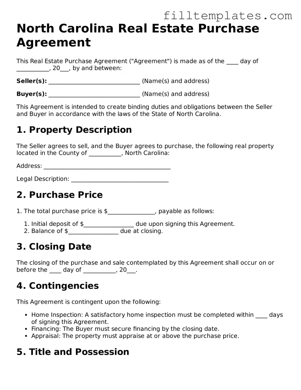 Official Real Estate Purchase Agreement Template for the State of North Carolina