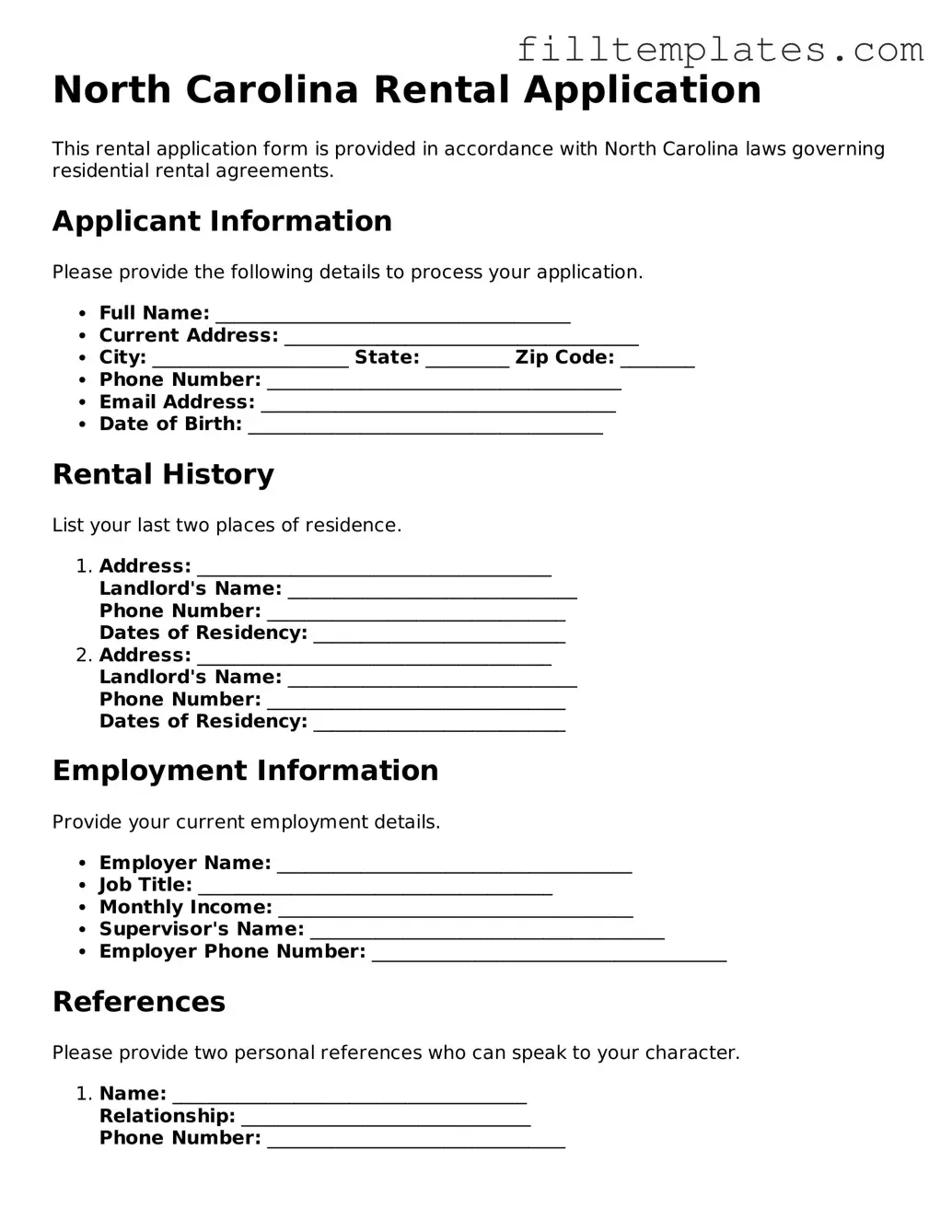 Official Rental Application Template for the State of North Carolina