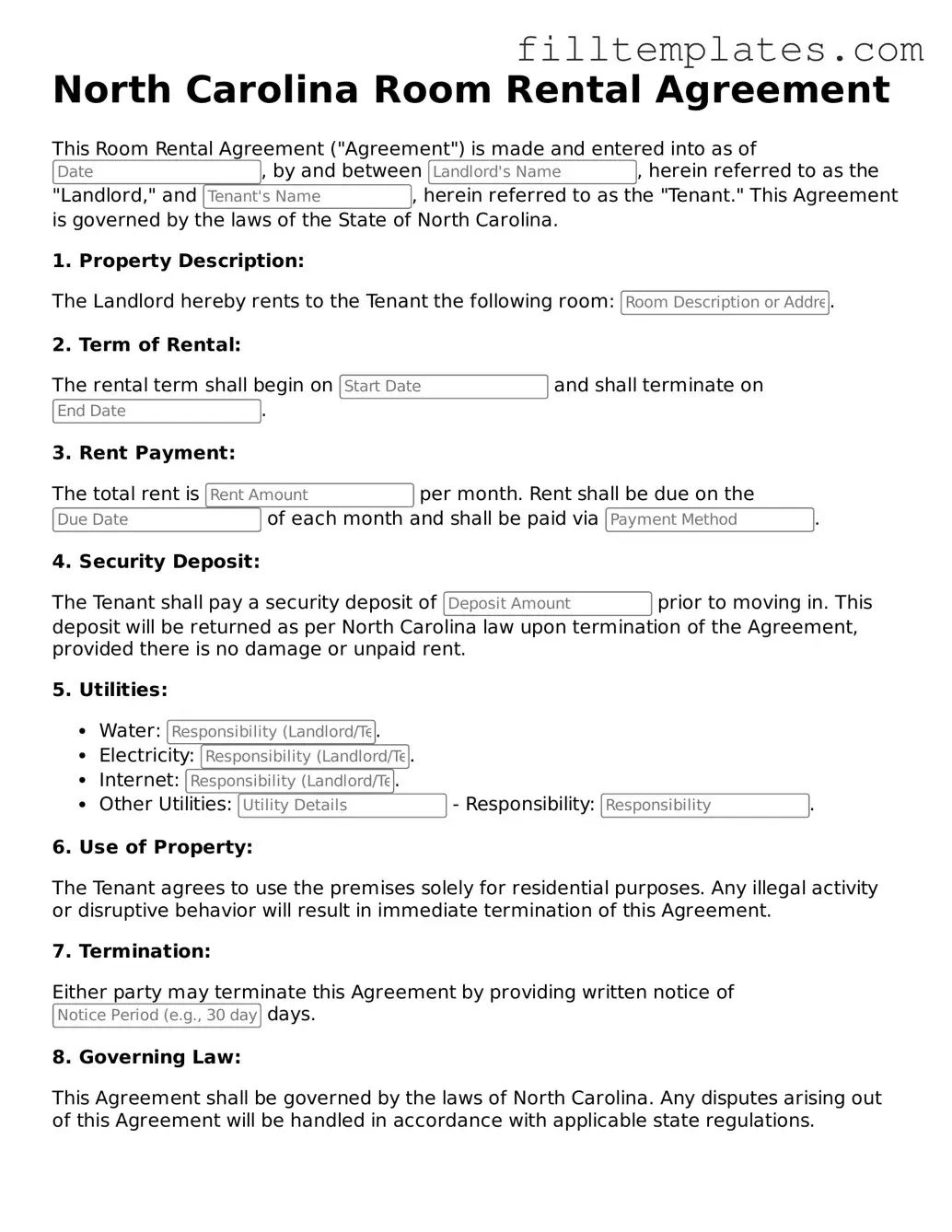 Official Room Rental Agreement Template for the State of North Carolina