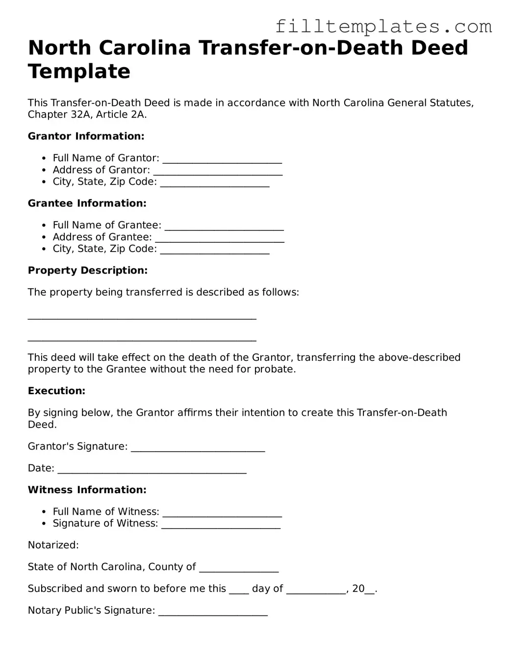 Official Transfer-on-Death Deed Template for the State of North Carolina
