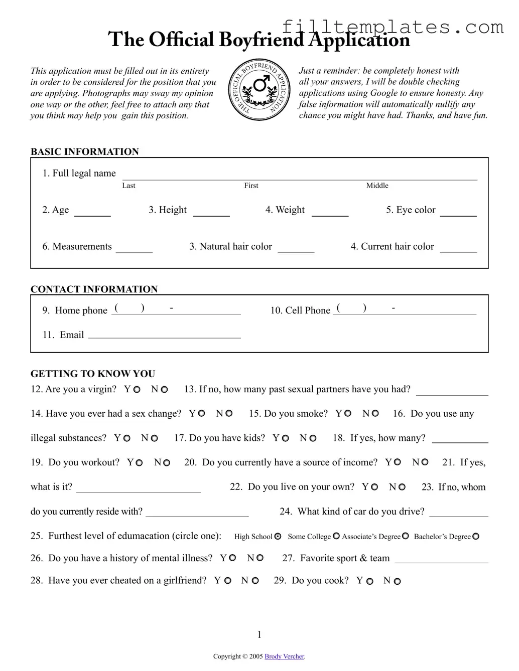 Download Boyfriend application form Template
