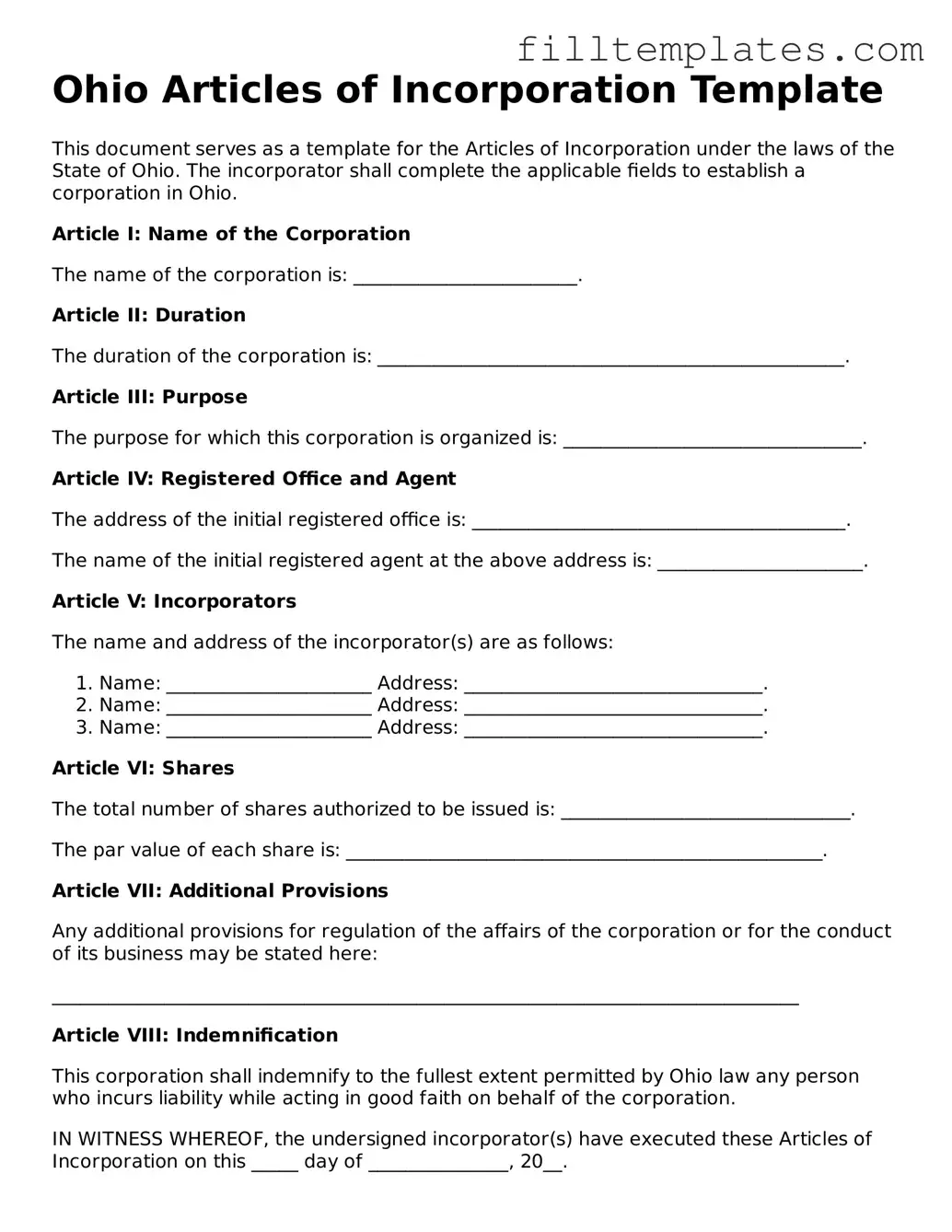 Official Articles of Incorporation Template for the State of Ohio