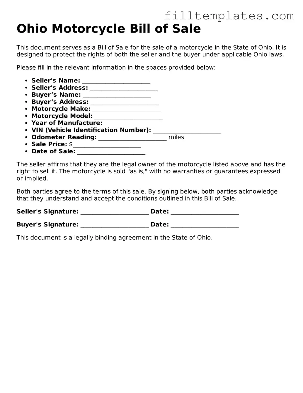 Official Motorcycle Bill of Sale Template for the State of Ohio