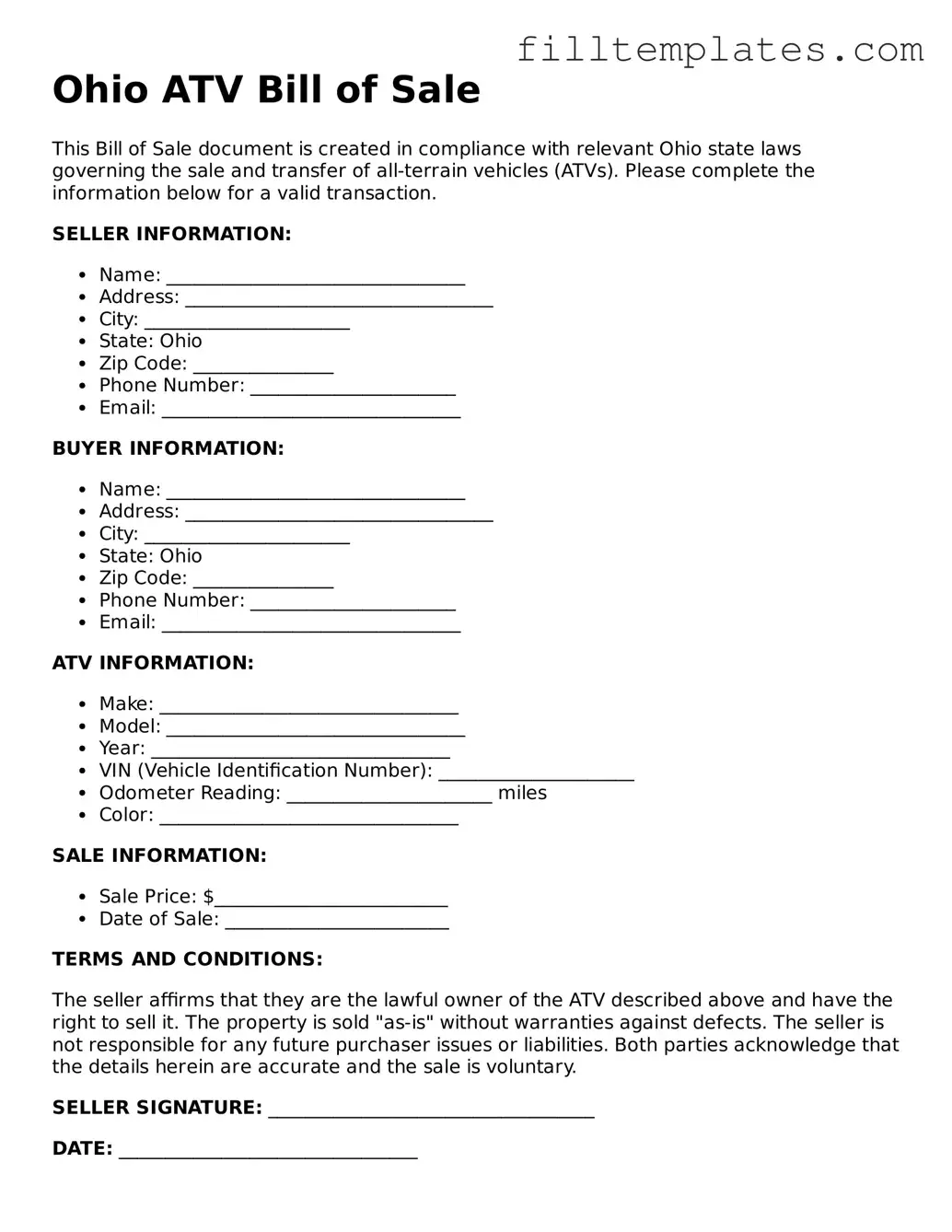 Official ATV Bill of Sale Template for the State of Ohio