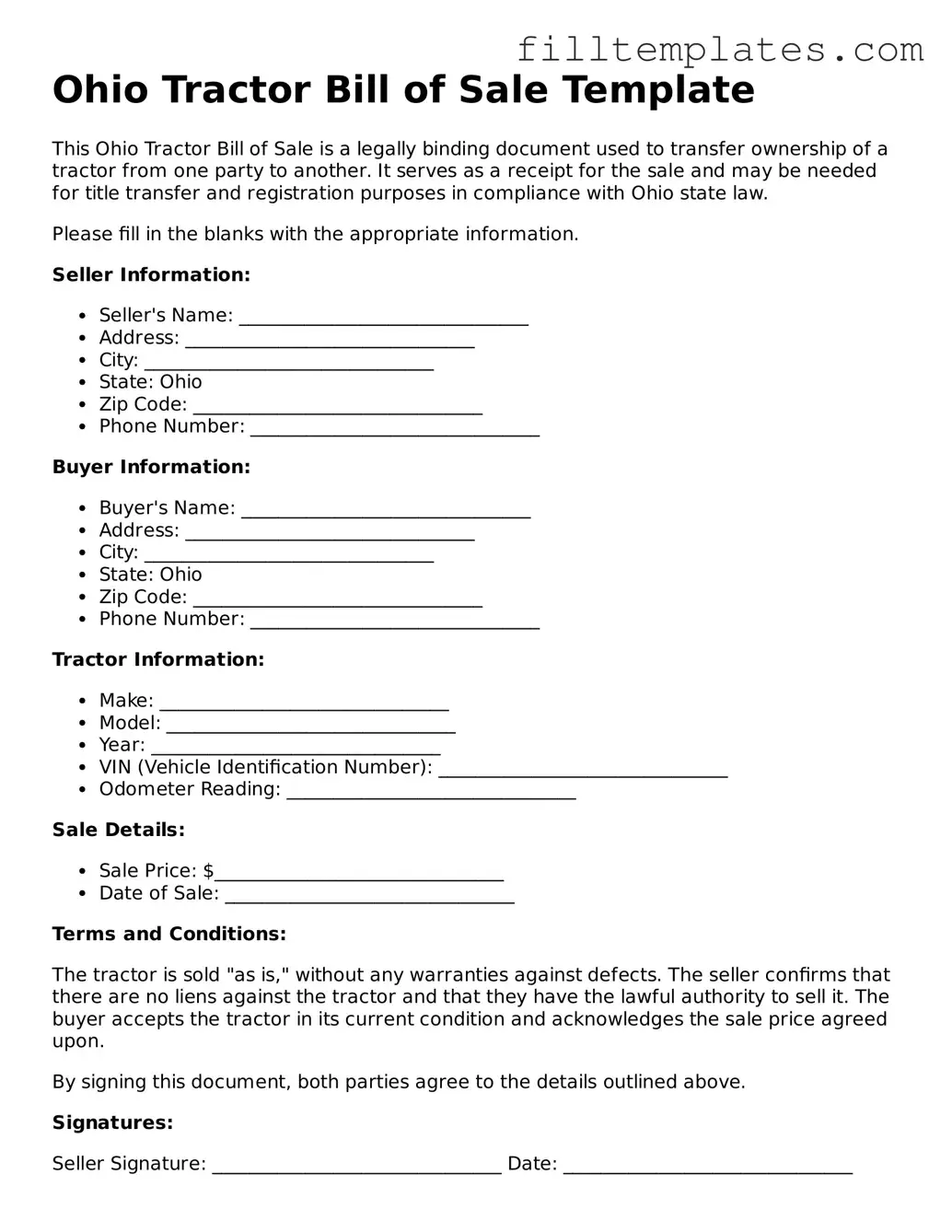 Official Tractor Bill of Sale Template for the State of Ohio