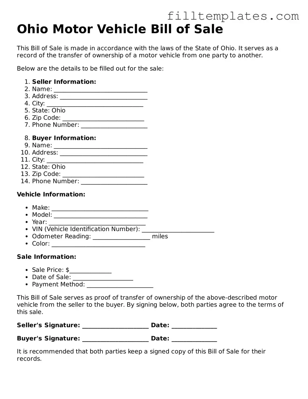 Official Motor Vehicle Bill of Sale Template for the State of Ohio