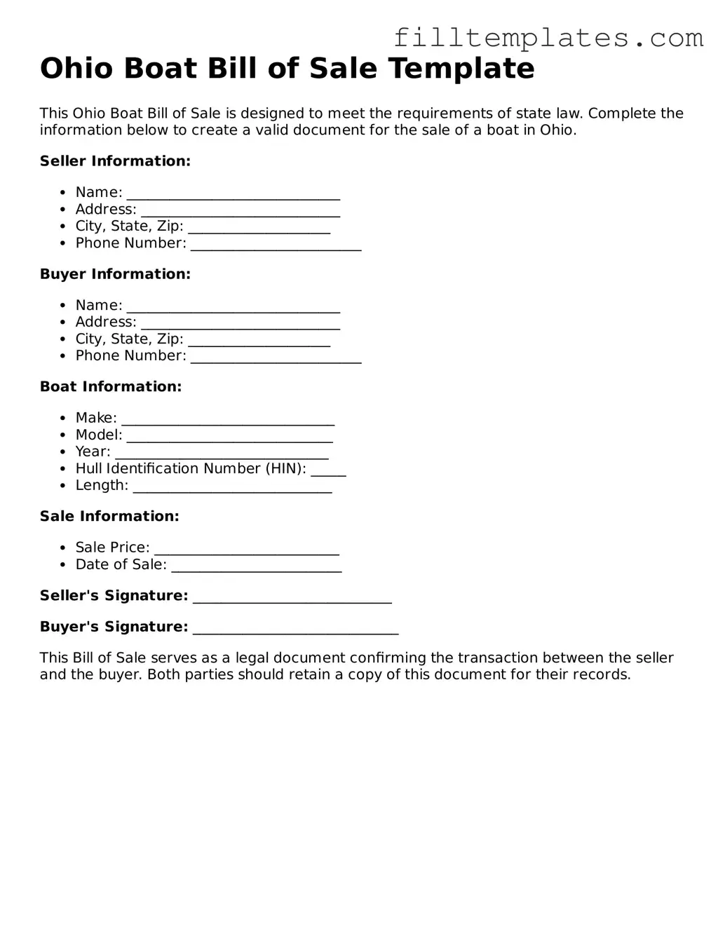 Official Boat Bill of Sale Template for the State of Ohio