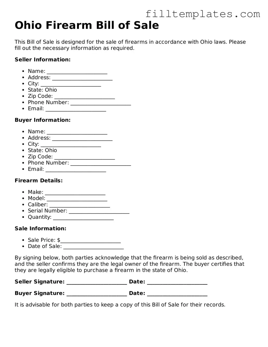 Official Firearm Bill of Sale Template for the State of Ohio
