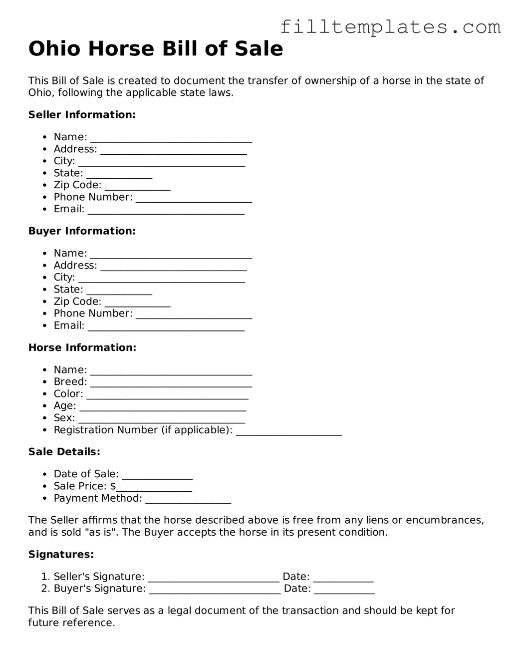 Official Horse Bill of Sale Template for the State of Ohio