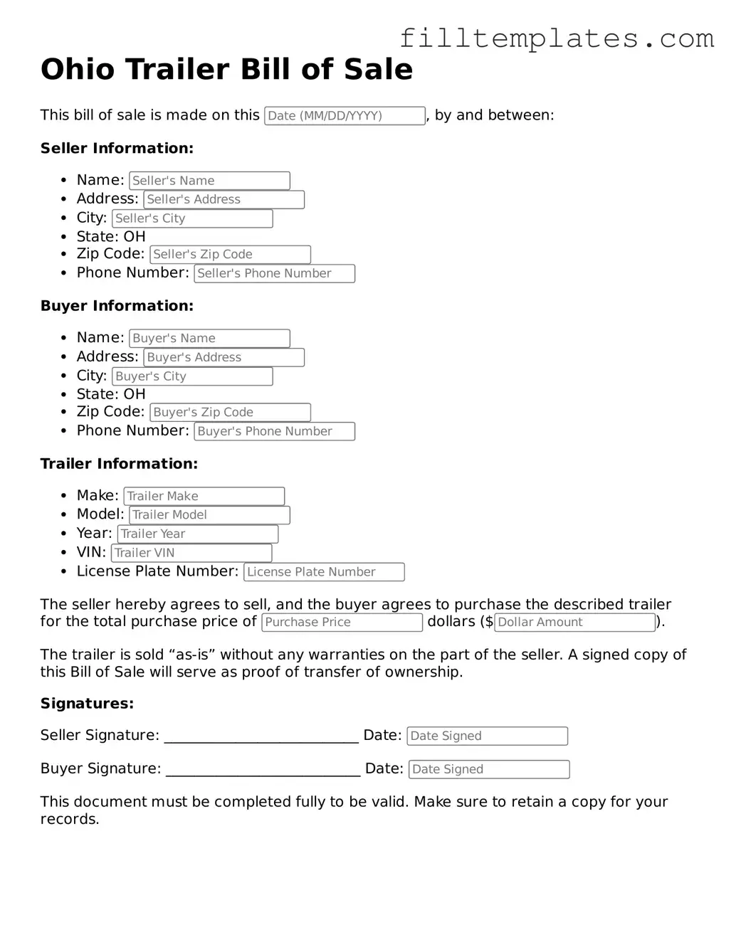 Official Trailer Bill of Sale Template for the State of Ohio