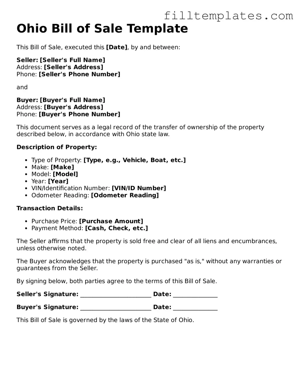 Official Bill of Sale Template for the State of Ohio