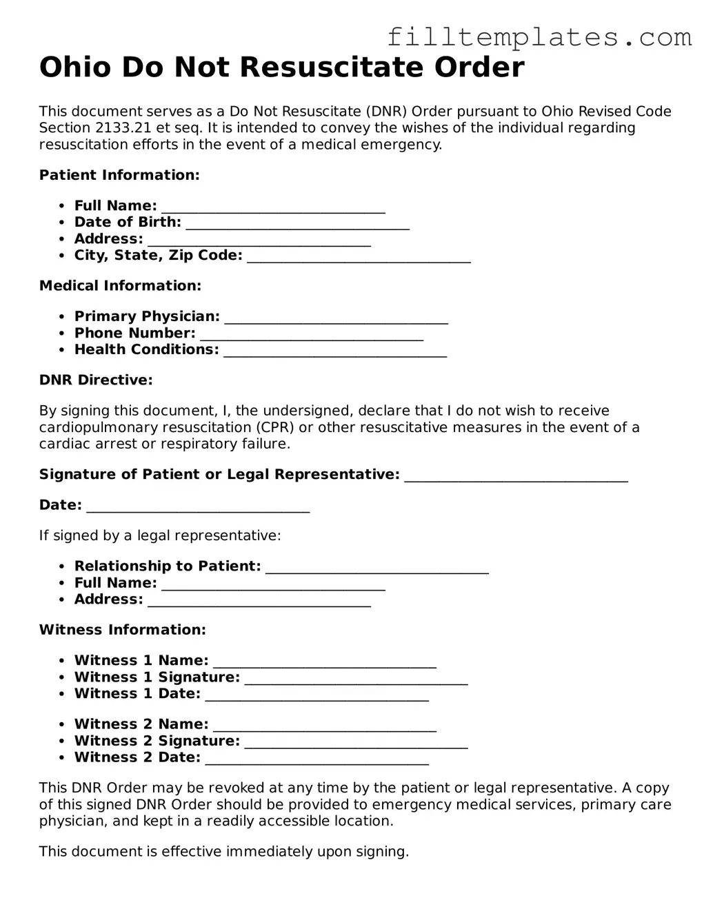 Official Do Not Resuscitate Order Template for the State of Ohio
