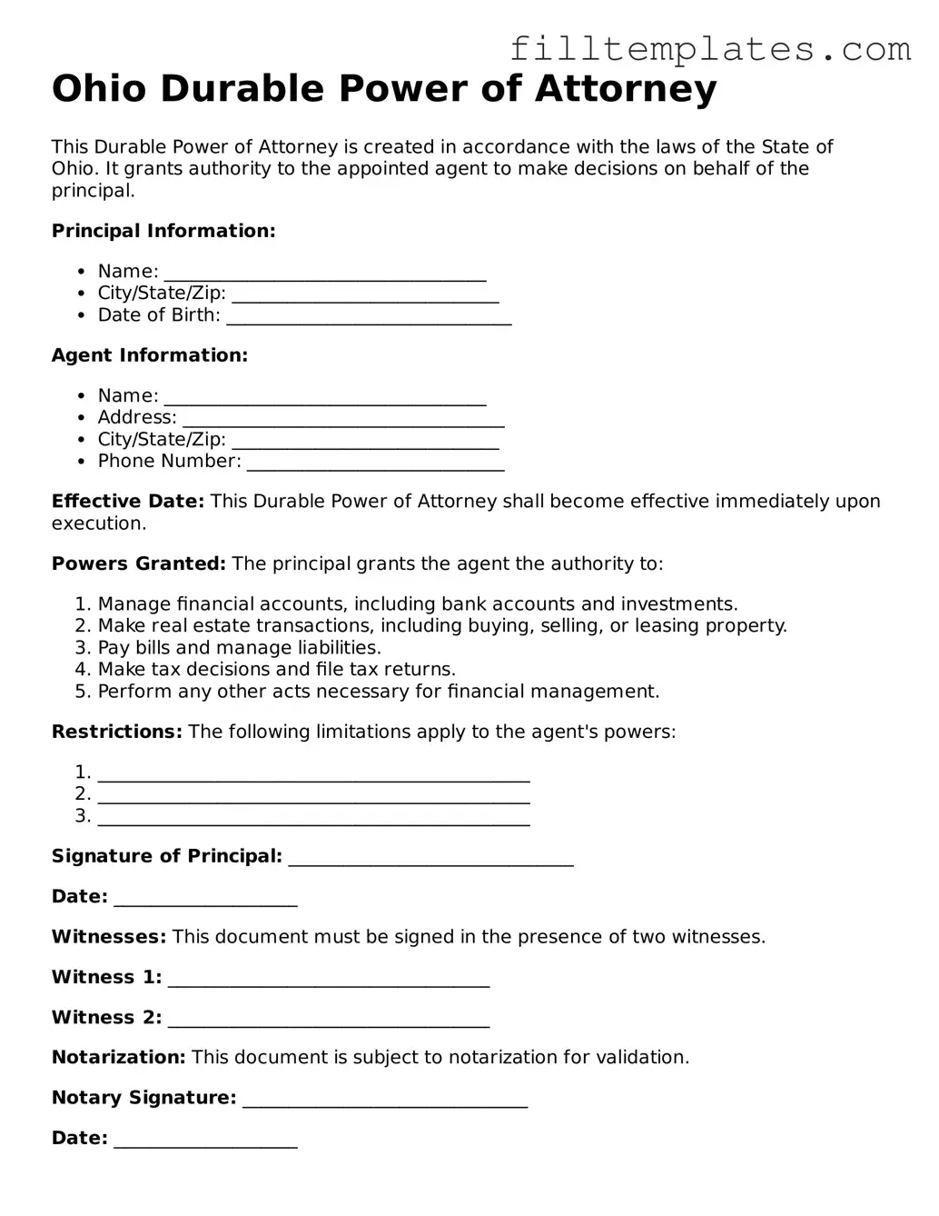 Official Durable Power of Attorney Template for the State of Ohio