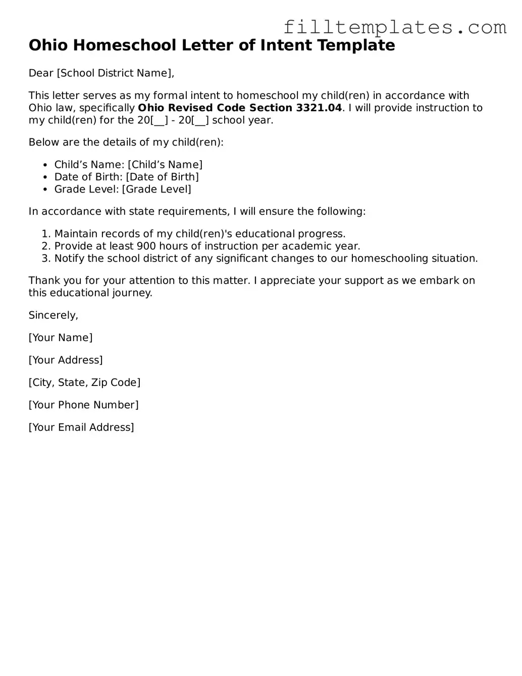 Official Homeschool Letter of Intent Template for the State of Ohio