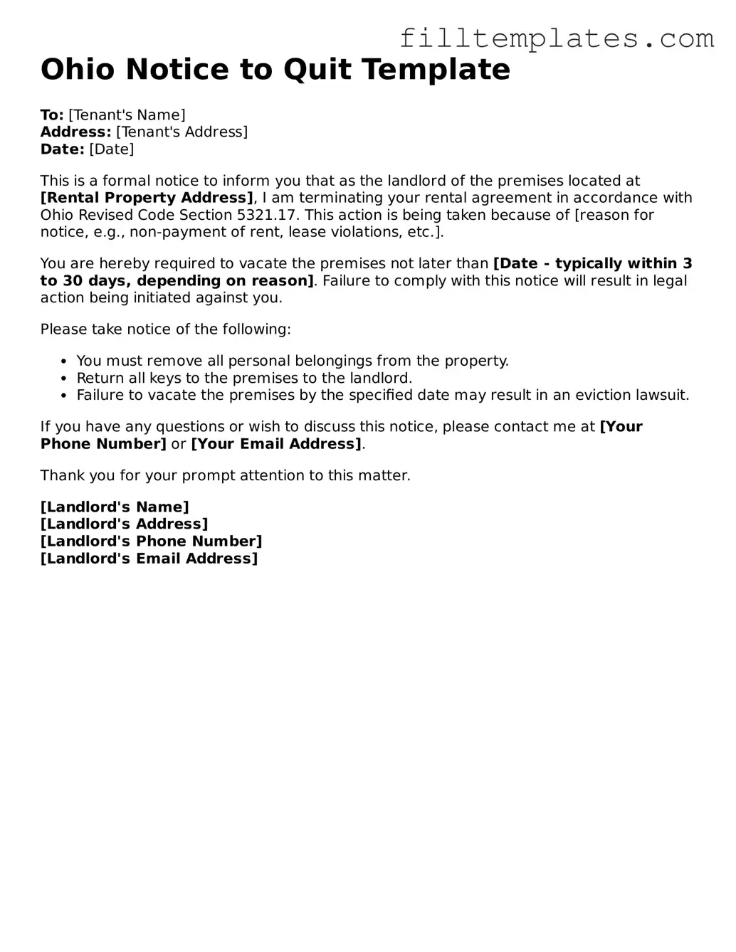 Official Notice to Quit Template for the State of Ohio