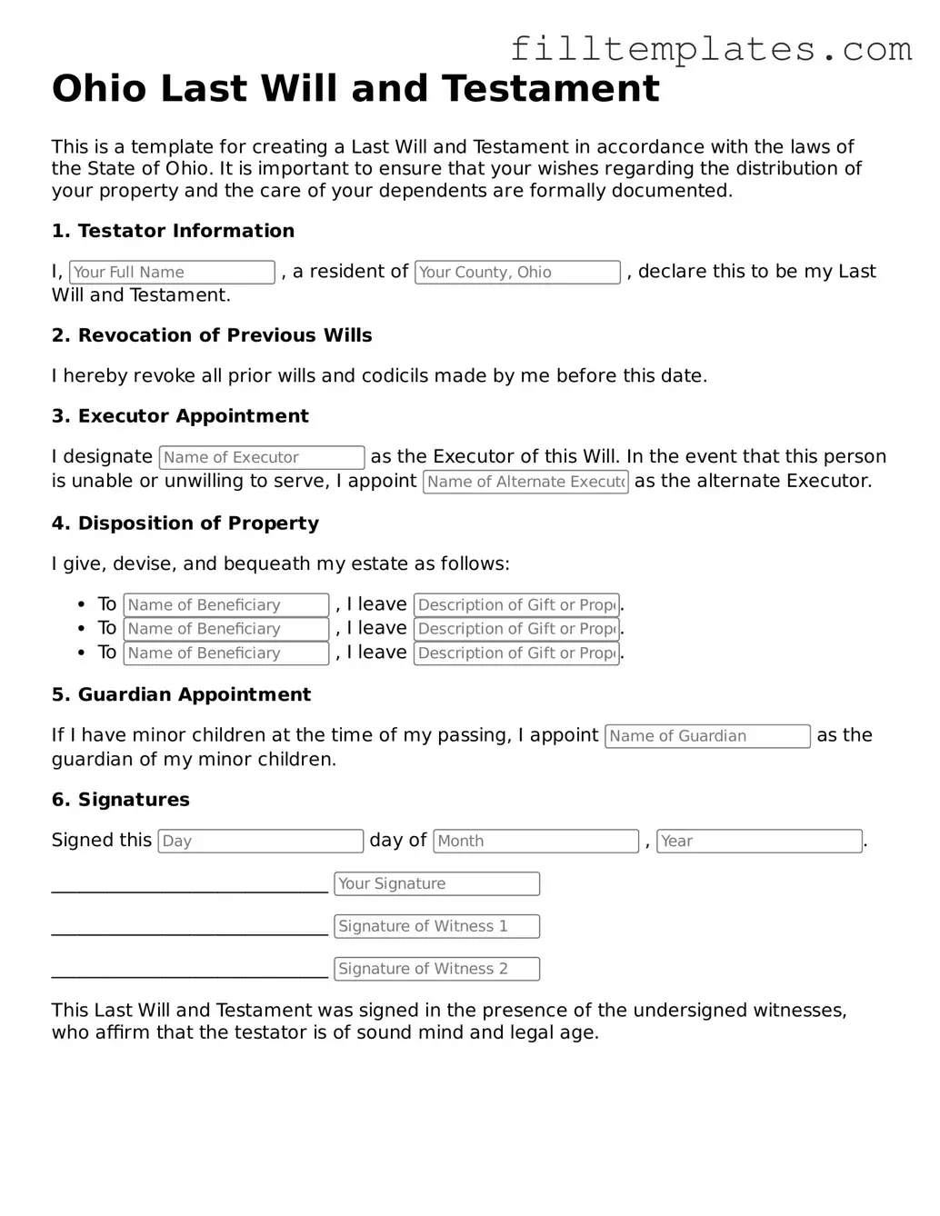 Official Last Will and Testament Template for the State of Ohio