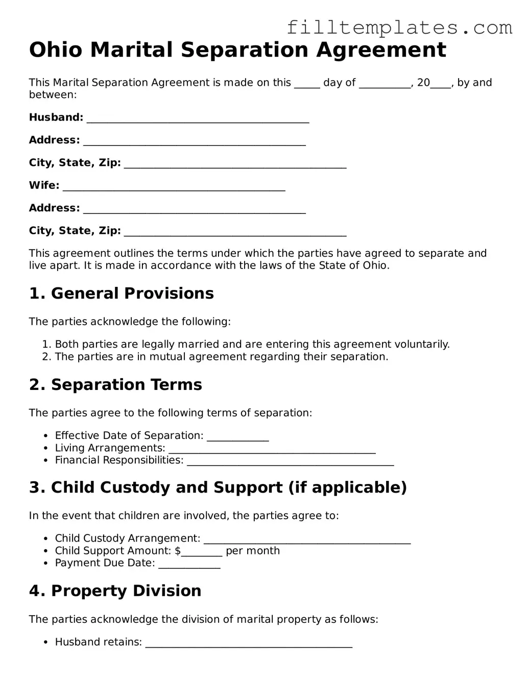 Official Marital Separation Agreement Template for the State of Ohio