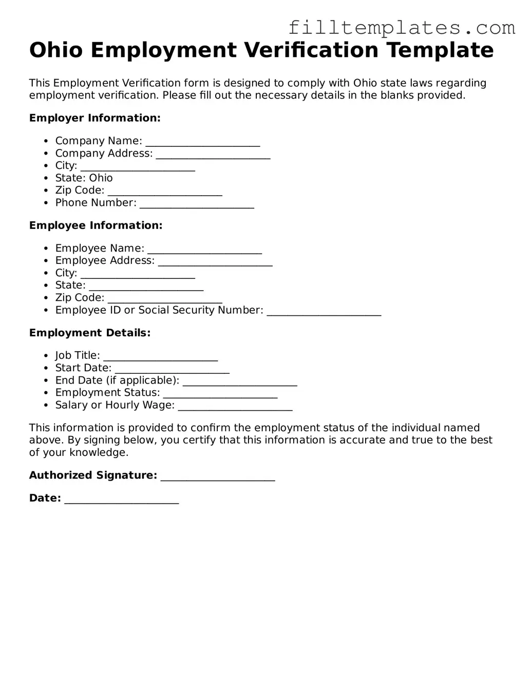 Official Employment Verification Template for the State of Ohio