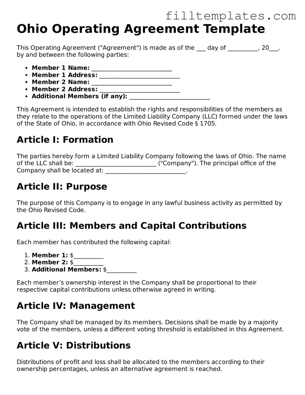 Official Operating Agreement Template for the State of Ohio