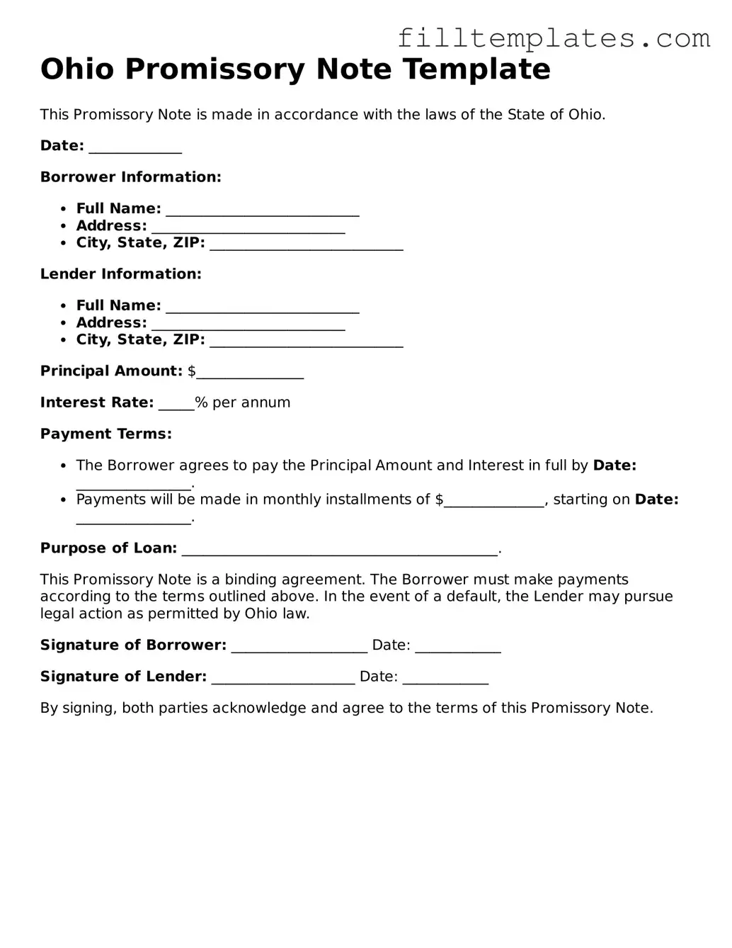 Official Promissory Note Template for the State of Ohio