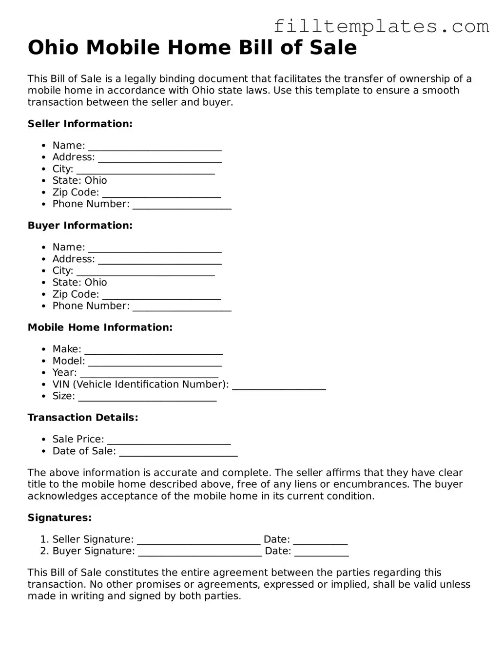 Official Mobile Home Bill of Sale Template for the State of Ohio