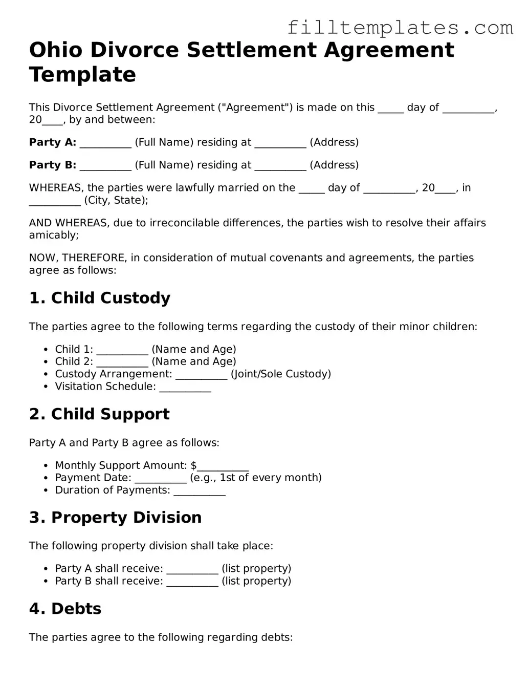 Official Divorce Settlement Agreement Template for the State of Ohio