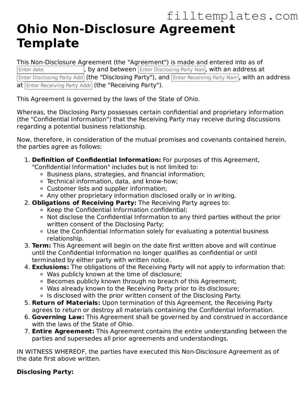 Official Non-disclosure Agreement Template for the State of Ohio