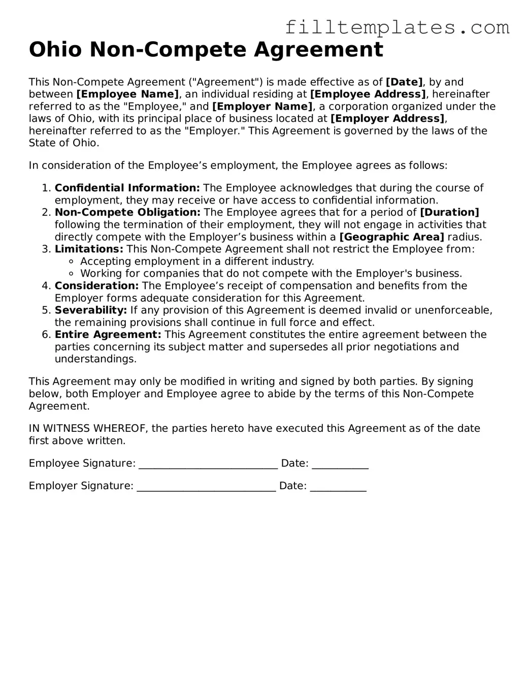 Official Non-compete Agreement Template for the State of Ohio