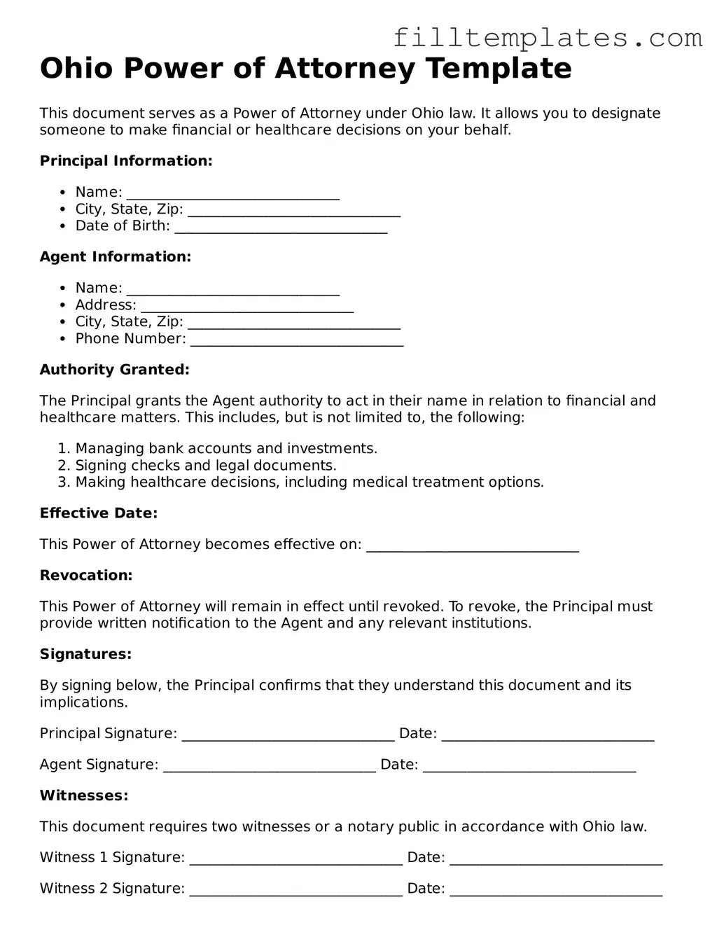 Official Power of Attorney Template for the State of Ohio