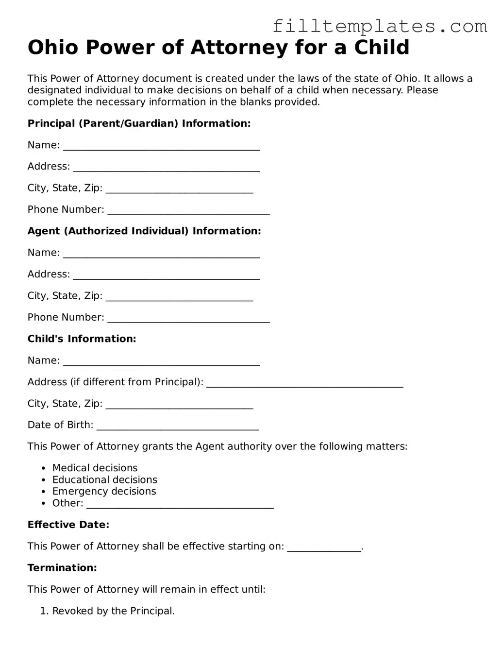 Official Power of Attorney for a Child Template for the State of Ohio