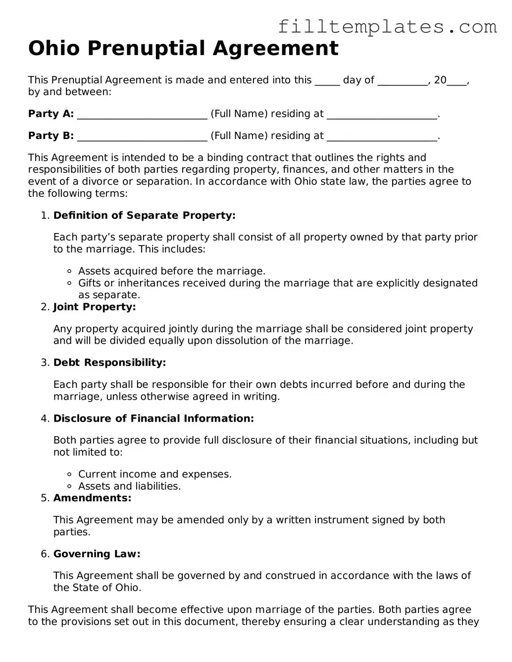 Official Prenuptial Agreement Template for the State of Ohio
