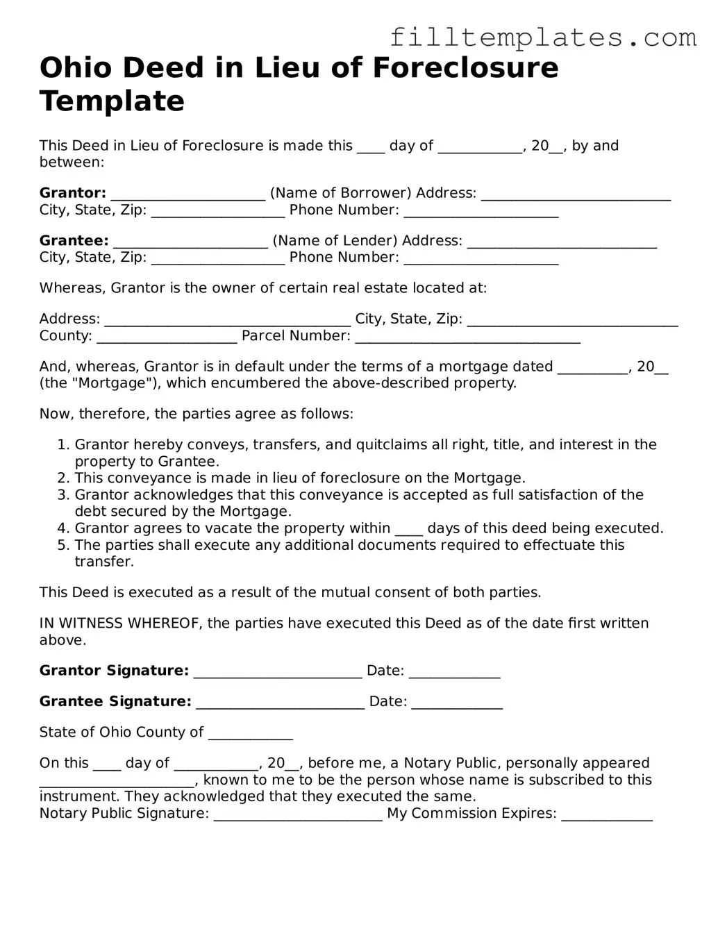 Official Deed in Lieu of Foreclosure Template for the State of Ohio