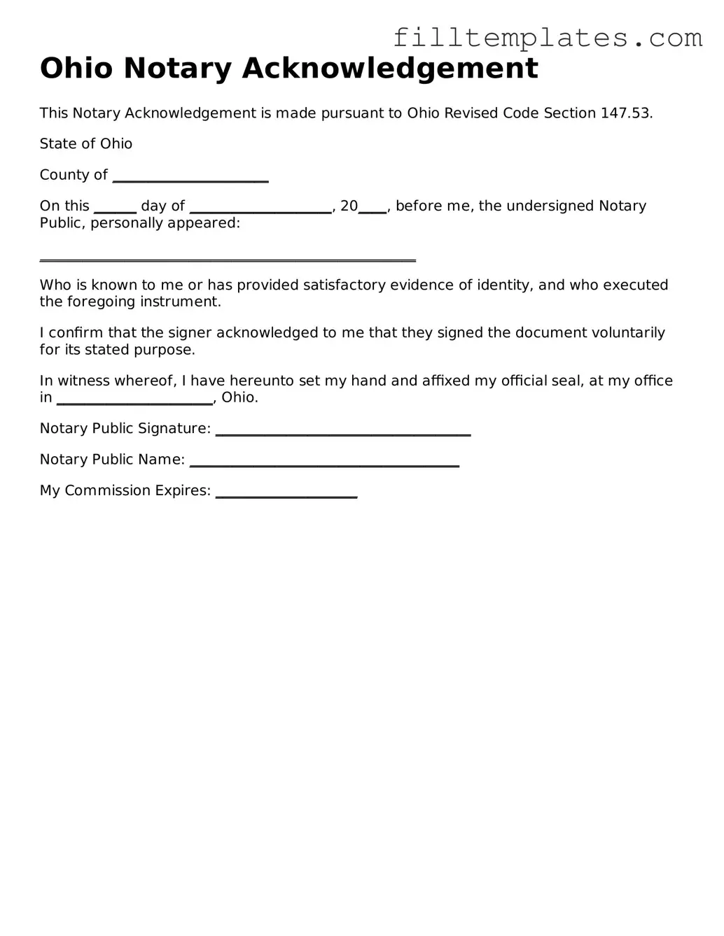 Official Notary Acknowledgement Template for the State of Ohio