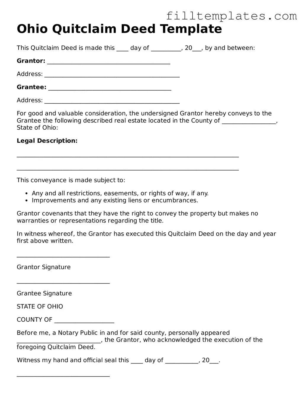 Official Quitclaim Deed Template for the State of Ohio
