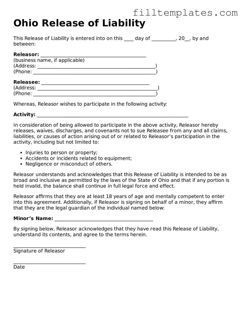 Official Release of Liability Template for the State of Ohio