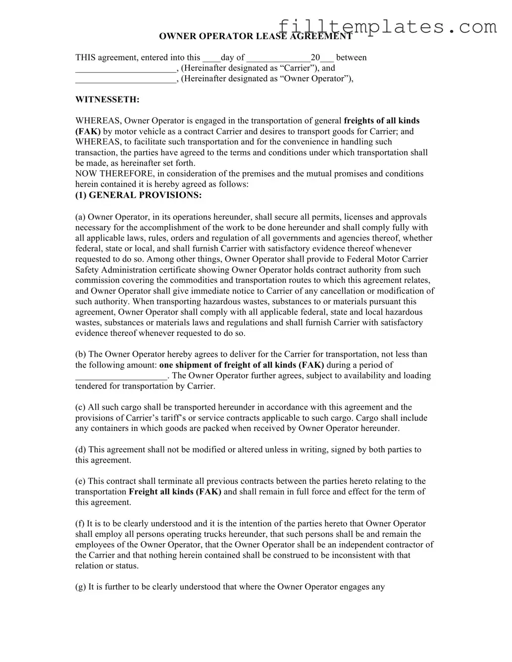 Download Owner Operator Lease Agreement Template