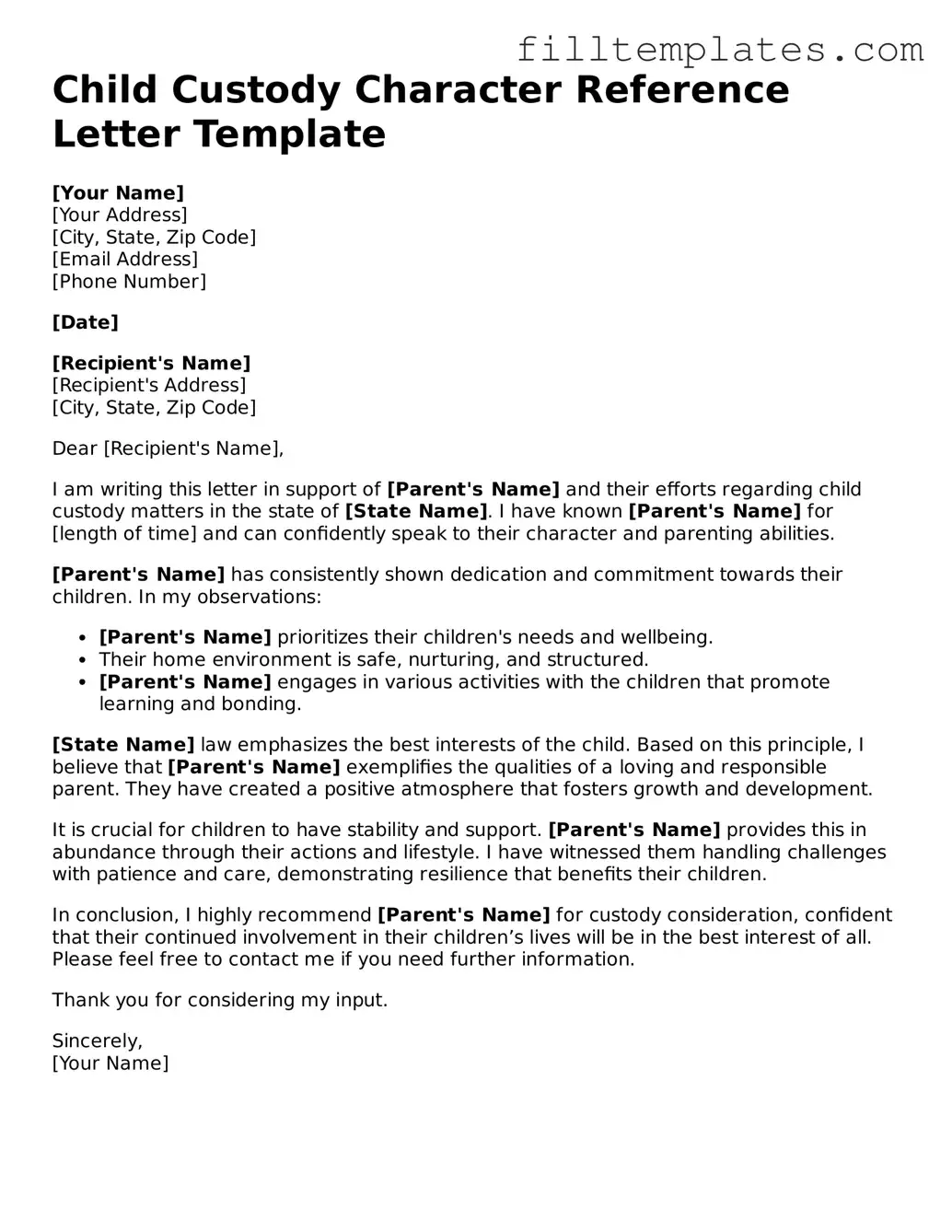 Free Character Reference Letter for Child Custody Template