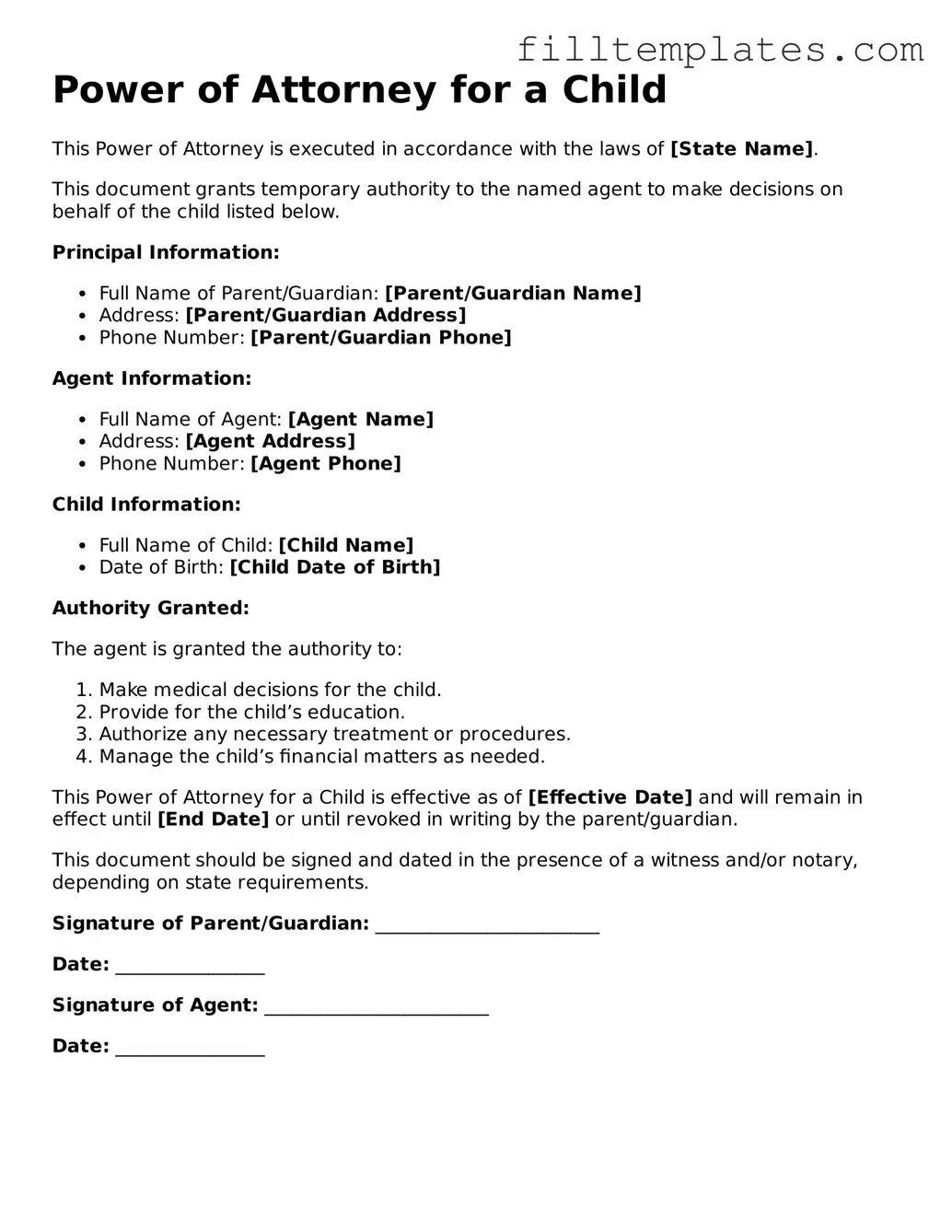 Free Power of Attorney for a Child Template