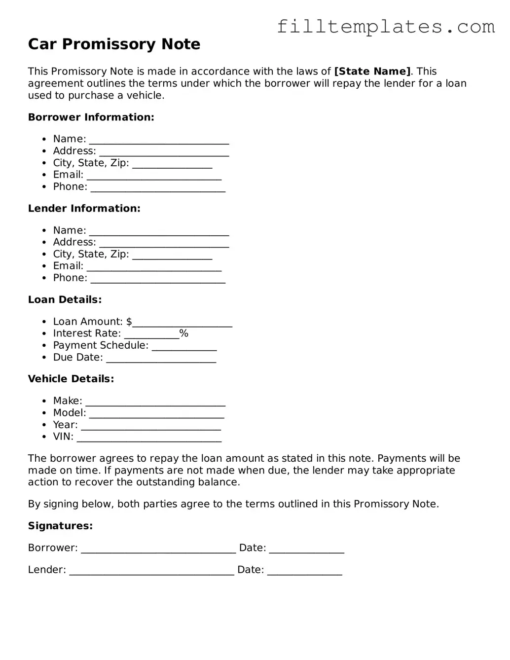Free Promissory Note for a Car Template