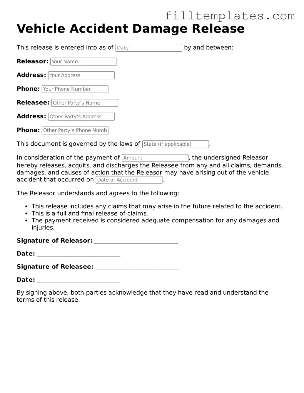 Free Vehicle Accident Damage Release Template