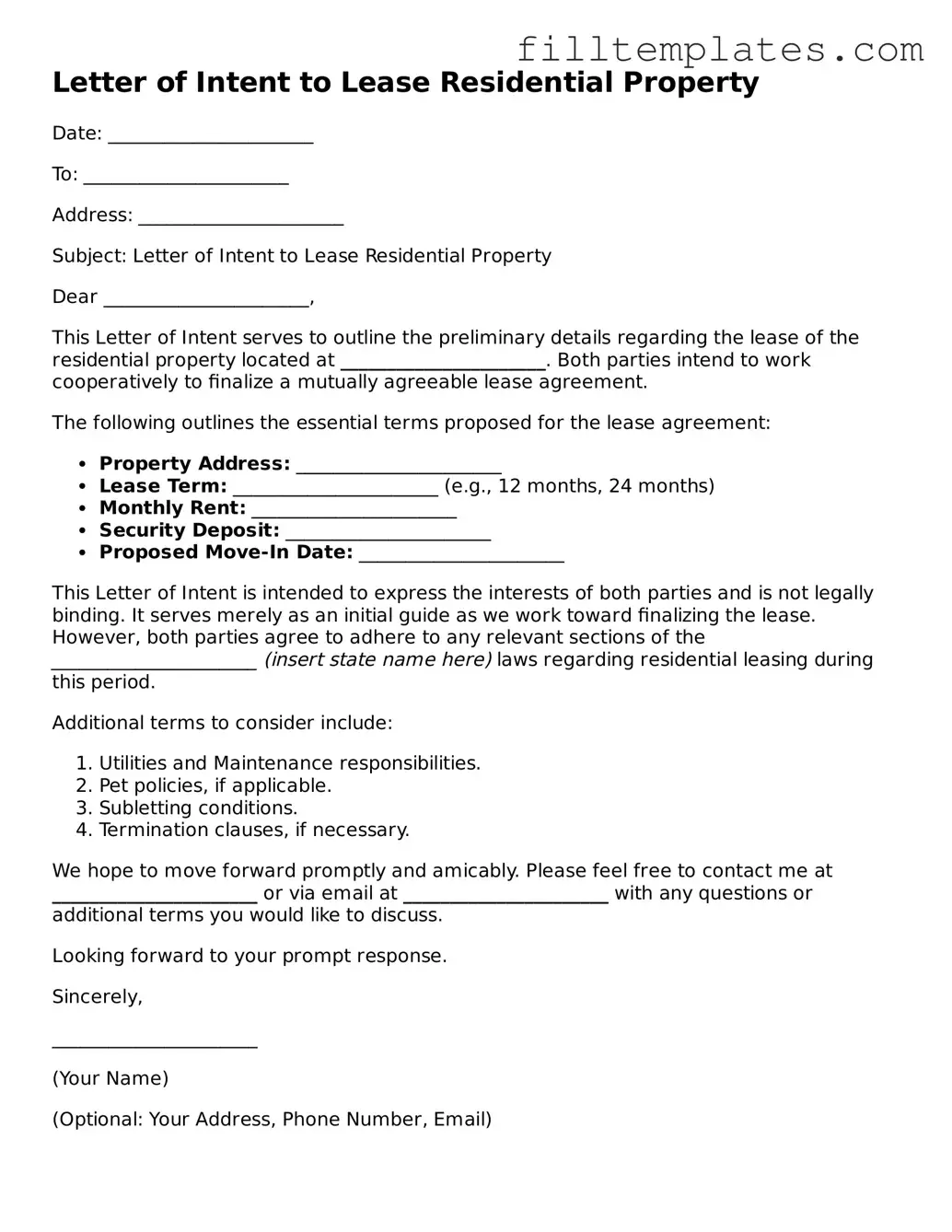 Free Letter of Intent to Lease Residential Property Template