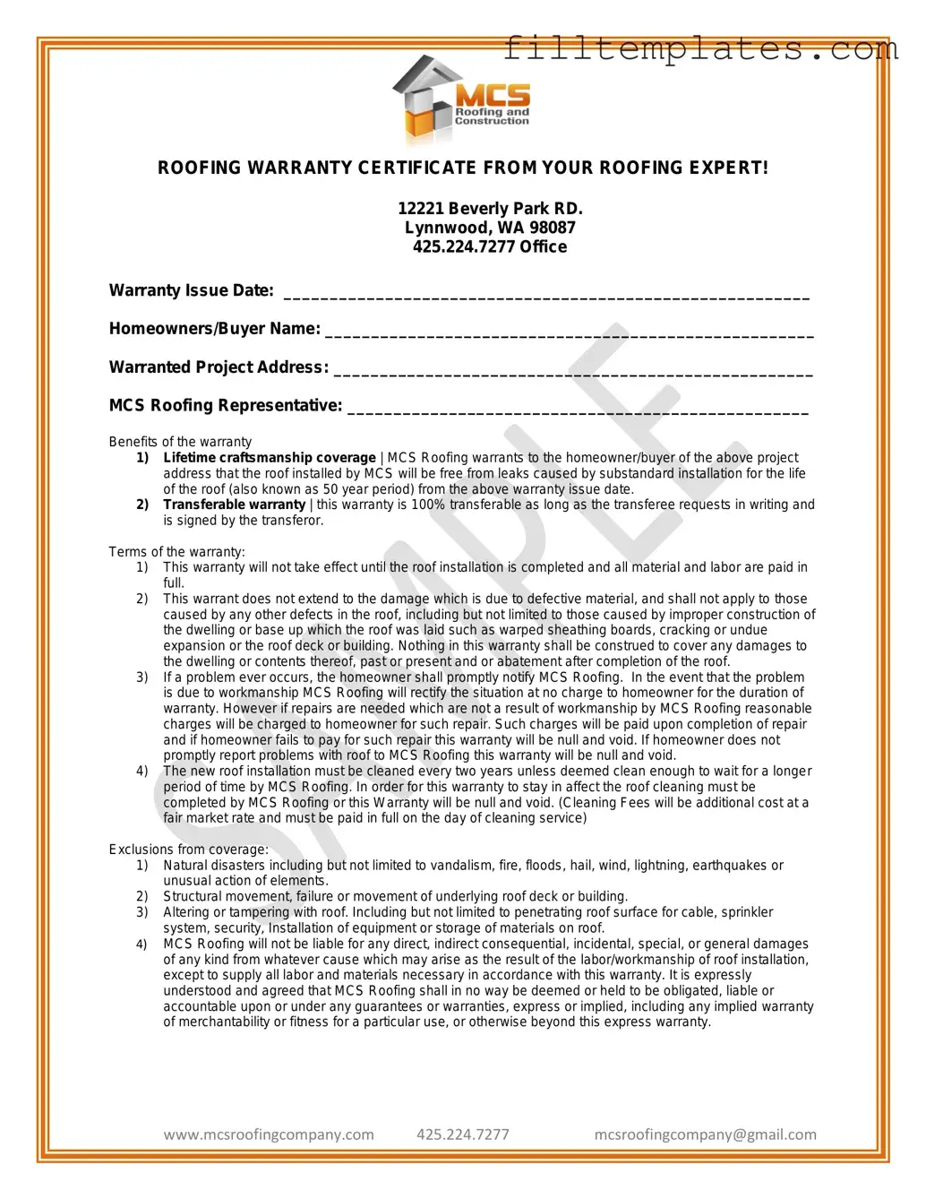 Download Roofing Warranty Certificate Template