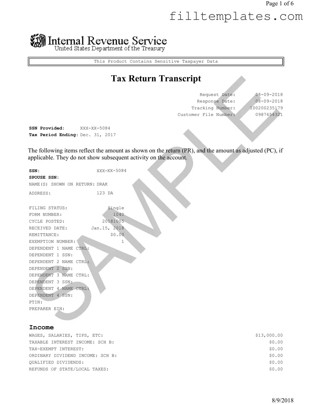 Download Sample Tax Return Transcript Template